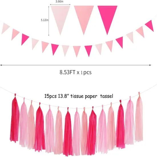 Rose Hot Pink Party Decorations - 23pcs Girl Birthday Baby Shower Tissue Pom Poms Streamers, Bachelorette Bridal Wedding Engagement Supplies Tassel Garland Banner, Favors Decor {3}