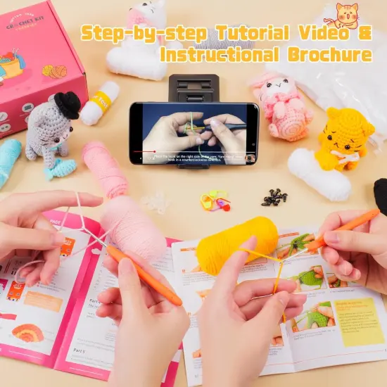 Crochet Kit for Beginners - Cat Crochet Kit Learn to Crochet Kits for Adults and Kids, 4 PCS Cat with Hat, Toy, Fish Crocheting Set {2}