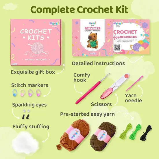 Crochet Kit for Beginners Level 1 with 40% Extra Eco-Friendly Pre-Started Easy Yarn, Step-by-Step Video Tutorials for Adults and Kids (Capybara) {4}