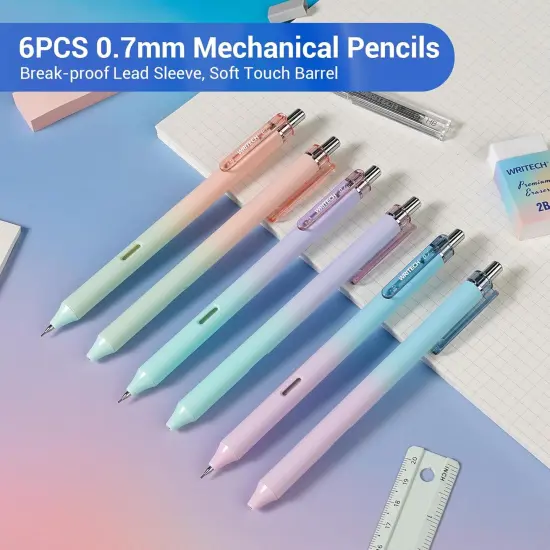 Up Mechanical Pencil Set: 6ct Gradient Barrel 0.7mm Mechanical Pencils with 4 Tubes of HB Lead Refills and 2 Extra Erasers for Writing Drawing Sketching Drafting {2}
