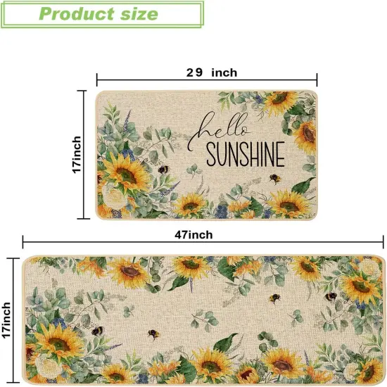 Spring Summer Kitchen Mats Set of 2, Sunflower Floral Bee Kitchen Rugs for Floor Non Slip Absorbent Low-Profile Seasonal Farmhouse Home Decor 17x29 and 17x47 Inch {3}
