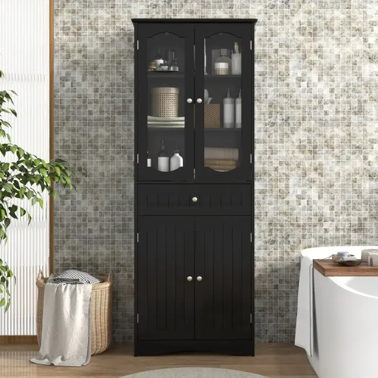 63 Inch Tall Freestanding Bathroom Storage Cabinet with 3-Position Adjustable Shelves and 2 Glass Doors Black {6}