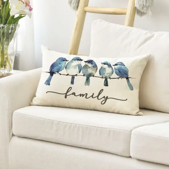 Home Sweet Home Bluebird Family Watercolor Throw Pillow Cover, 12 x 20 Inch Spring Summer Blue Cushion Case Decoration for Sofa Couch {3}