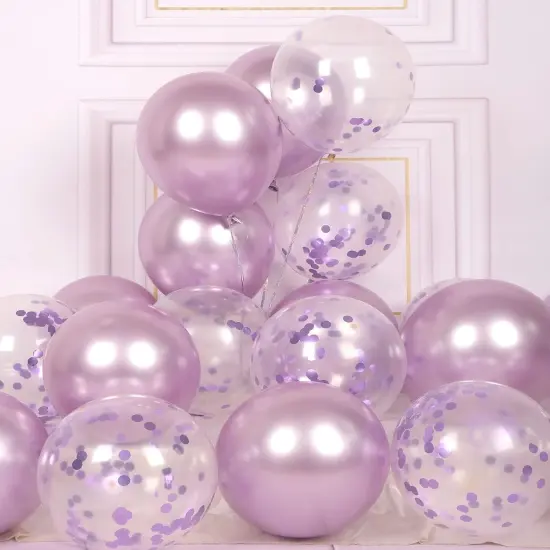 Party Balloons Pack of 42 - Metallic Lavender Balloons and Confetti Latex Helium Balloons With 64ft Ribbons - 12 Inch Lilac Chrome Balloon Decoration Set {1}