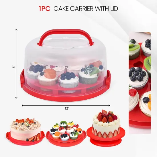 Cake Carrier with Lid and Handle, 12x6 Inch Red Cake Holder Cupcake Container for 11 Cupcakes 2 in 1 Portable Dessert Container for Cake Pie Muffin Cobbler {2}