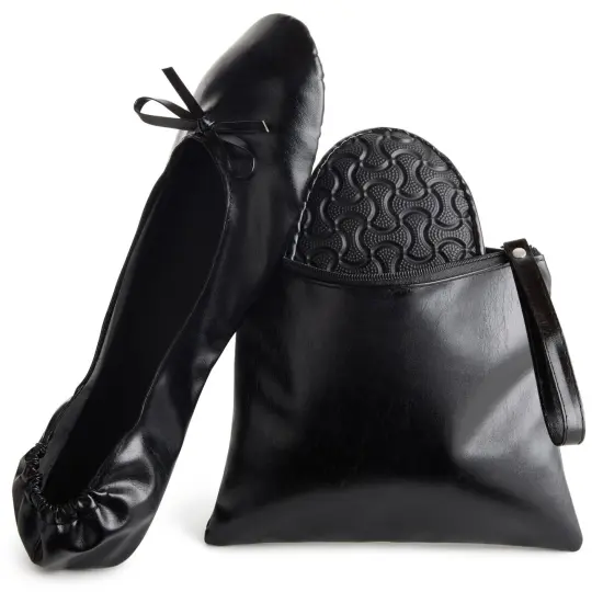 Black Foldable Ballet Flats for Women, Roll Up Flats with Zipper Pouch, US Size 8.5-9.5 {1}