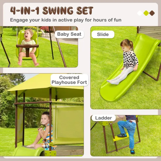 Green 4-in-1 Kids Swing Set with Slide, Adjustable Seat, Playhouse and Canopy {4}
