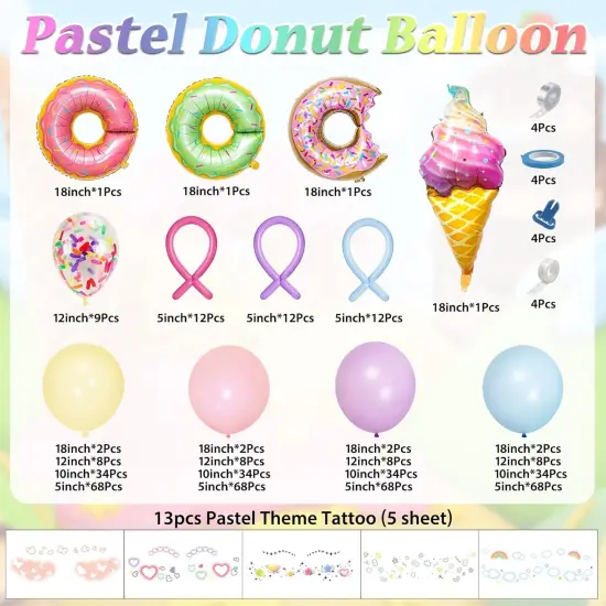520PCS Pastel Donut Balloon Arch Garland Kit, with Pastel Rainbow Balloon,Ice Cream Foil Balloons Pastel Tattoo for Sweet One Donut Grow Up First Birthday Party Baby Shower Decor {2}