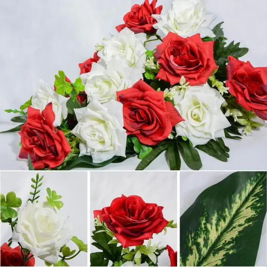 Artificial Cemetery Flowers, Memorial Rose Flowers Grave Decoration Flower Bouquets with Vase for Cemetery Graveyard Headstones Decor, Set of 2 (Red&White) {3}