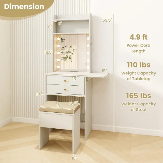 White Vanity Set with LED Mirror, Charging Station & Storage {5}