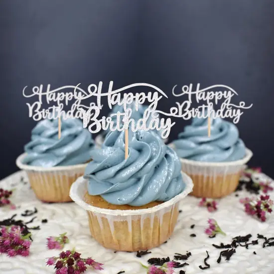 24 Pack Happy Birthday Cupcake Toppers Glitter Birthday Cupcake Food Picks for Celebrating Happy Birthday Party Cake Decorations Supplies Silver {3}