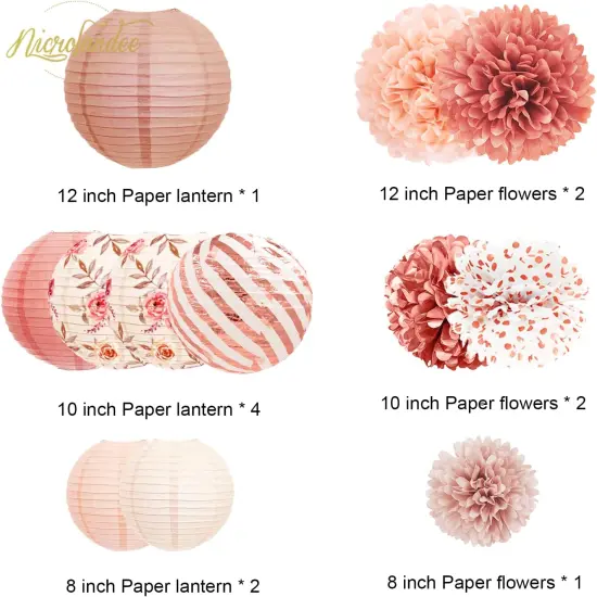 Wedding Party Decorations, 12 PCS Rose Pink Floral Paper Lanterns Tissue Pom Poms Backdrop Decoration for Pink Boho Wedding Bridal Shower Birthday Tea Party Decor {2}