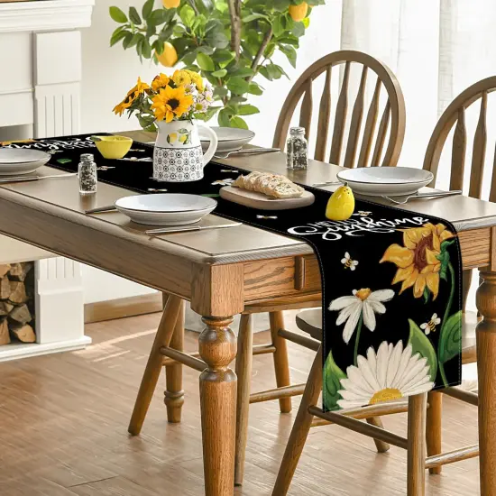 Black Sunflowers Daisy Bees Summer Table Runner, Seasonal Spring Kitchen Dining Table Decoration for Home Party Decor 13x72 Inch {4}
