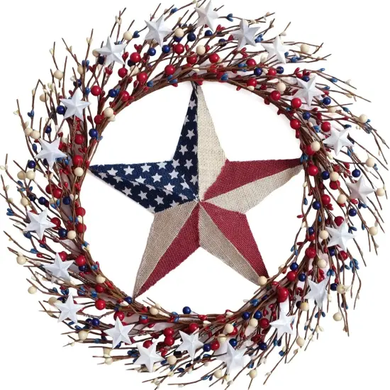 8" Patriotic Wreath with Burlap Flag Star Artificial 4th of July for Wall Decor {1}