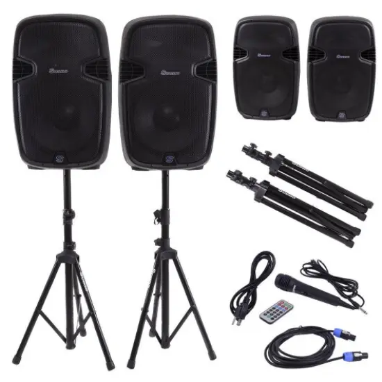 Active 2-Way 12 inches DJ Speaker Set with Wireless Remote, Stands and Microphone {2}