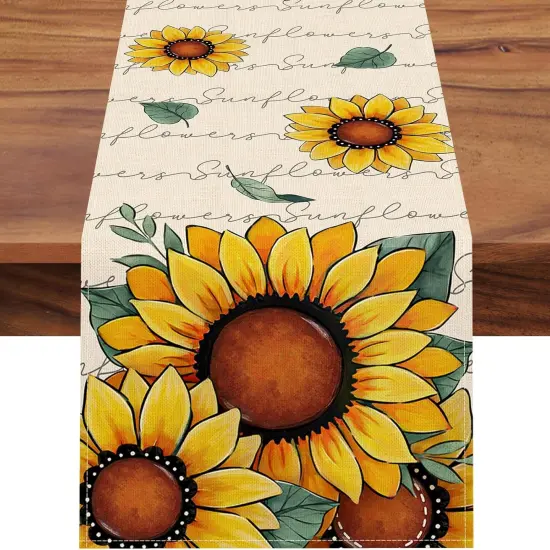 Spring Summer Sunflower Table Runner, Fall Autumn Floral Flower Kitchen Dining Table Decoration, Seasonal Burlap Indoor Outdoor Home Decor Party Supply 13 x 72 Inches {1}