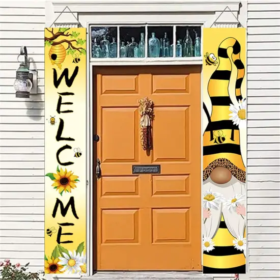 Welcome Honey Bee Happy Porch Banner with 12 x 71 inch, Vertical Sunflower Gnome Hanging Banner Front Door Sign for Seasonal Summer Farmhouse Home Outdoor Yard Decorations {1}