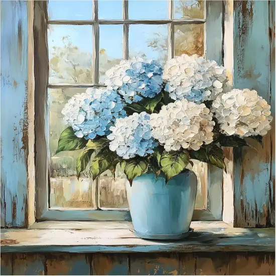 Hydrangeas Paint by Number, Rustic Window Blue Flowers Paint by Numbers for Adults,Easy Acrylic Adults Beginner DIY Oil Painting on Canvas for Gift, Floral Home Wall Decor {1}