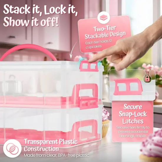 Cupcake Carrier, Cupcake Holder for 24 Cupcakes, Portable and Reusable Rectangular Cake Carrier with Lid and Handle, 2 Tier Stackable Layer Insert (Pink) {5}