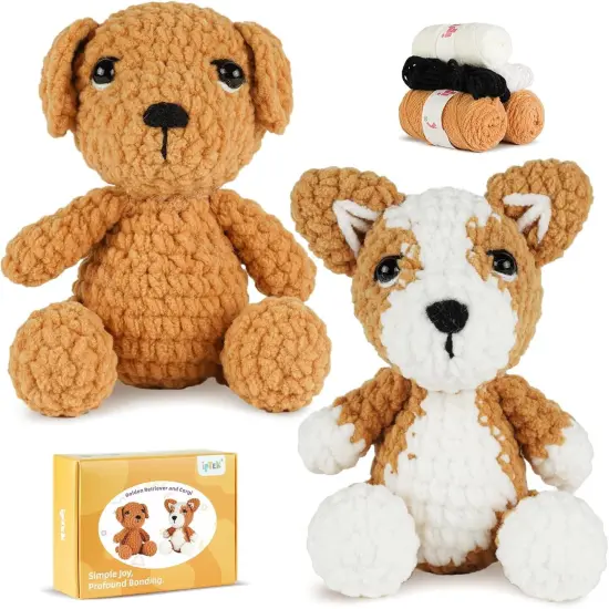Crochet Kit for Beginners, Learn to Crochet, Include Easy Knitting Soft Yarn, Step-by-Step Video Tutorial, Hook, Holiday Birthday Gift for Adults and Kids(2 Pack Dog) {1}