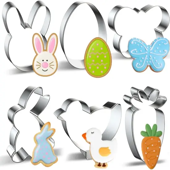 Easter Cookie Cutters Large Set of 6 - Egg, Chick, Carrot, Rabbit, Bunny Face, Butterfly Shapes - Stainless Steel Biscuit Molds for Spring Holiday Baking {1}