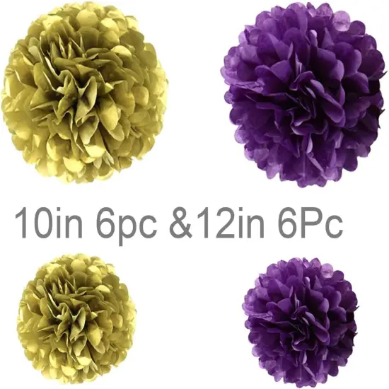 Purple and Gold Tissue Paper Pom Poms Hanging Tissue Flowers Poms Decorations Pack of 12 for Wedding, Birthday,Party Backdrop Decor ect. (12", 10",Tissue Paper Flowers) {2}