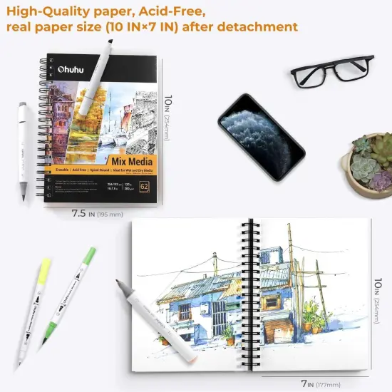 10"x7.6" Sketchbook, 120 LB/200 GSM Heavyweight Papers 62 Sheets/124 Pages, Spiral Bound Mixed Media Paper Pad for Acrylic {2}