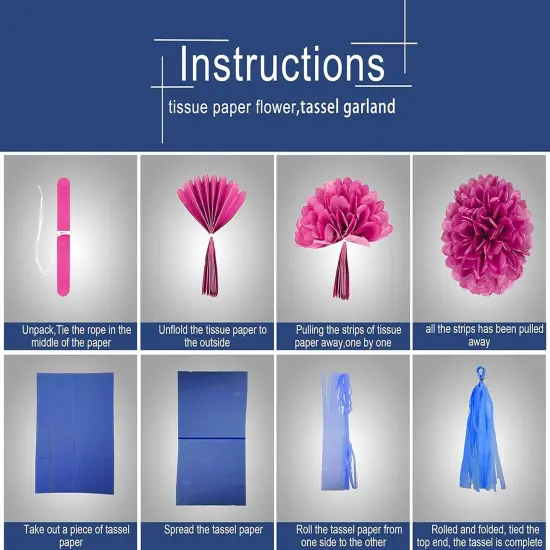 Gold Navy-Blue Pink Party Decorations - 23pcs Tissue Paper Flower Pom Poms Tassel Garland Pennant Banner Flags Streamers Birthday Baby Bridal Shower Engagement Bachelorette Wedding Gender Reveal Decor {4}