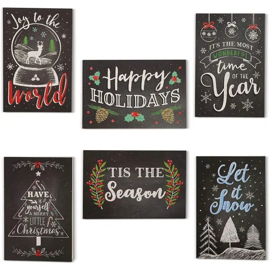 48-Pack Merry Christmas Cards with Envelopes for Sending Holiday Wishes, 4x6 Festive Holiday Greeting Card for Xmas, 6 Chalkboard Designs Black {1}