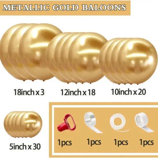 Gold Balloons Different Size 18 12 10 5in Chrome Metallic Gold Balloon Garland Arch Kit Glue Point Curlling Ribbon Strip Tying Tool For Birthday Baby Shower Wedding Graduation Party Decoration {3}
