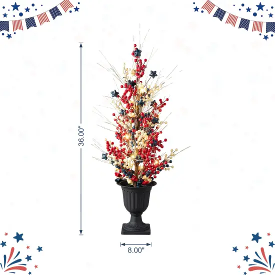 Set of 2 36"H Patriotic / Americana Lighted Berry and Stars Urn Porch Trees, 20 Warm White Lights with timer {6}
