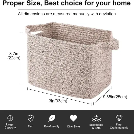 Summer baskets Cotton Rope Woven Storage Baskets for Shelves, Rectangle Storage Bins with Handles, Towel Basket - 13"&times;9.85"&times;8.7", Brown {3}