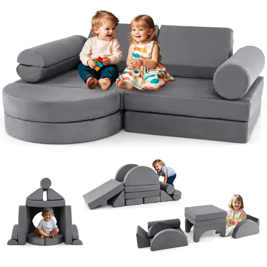 Velvet Suede 13-Piece Kids Modular Play Couch, Soft and Safe Design Gray {1}