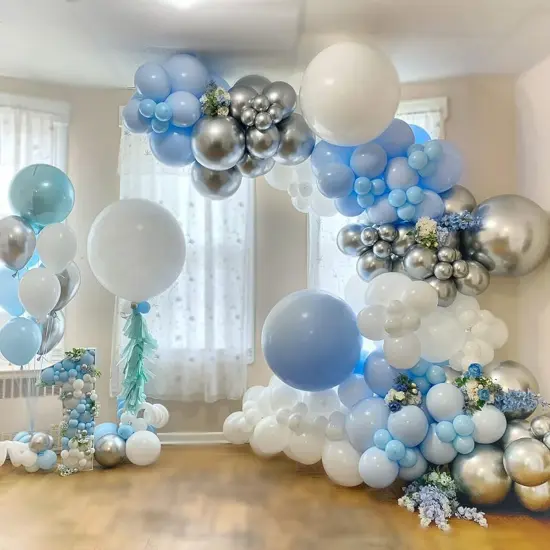 Baby Blue Balloon Garland Kit - 114pcs Macaron Blue Silver Balloon Arch with Matte Light Blue, Sky Blue and White Balloon, for Boy Birthday Wedding Elephant Baby Shower Party Decorations {3}