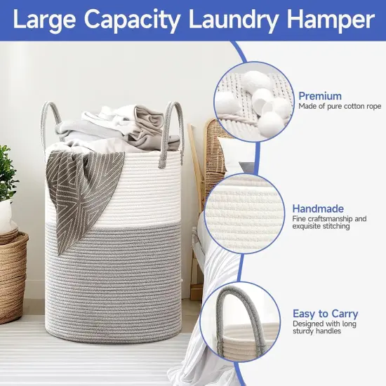 60L Laundry Hamper with Handles,Decorative Blanket Basket Tall Woven Rope Storage Basket for Dirty Clothes,Toys,Blankets in Living Room, Bathroom&Bedroom {2}