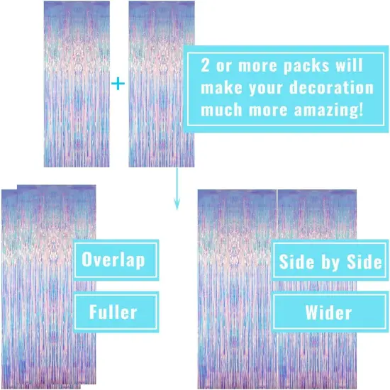 6.4 ft x 6.5 ft Metallic Tinsel Foil Fringe Curtains,Pack of 2 Party Streamer Backdrop for Mermaid Birthday Party Decorations(Neon Blue) {5}