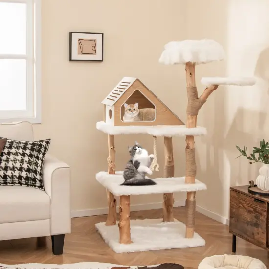 60 Inch Tall Wooden Cat Tree Tower with 2 Cozy Perches and 2 Large Platforms {2}