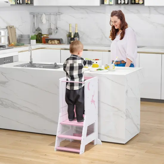 3 in 1 Multi-functional Design Kids Kitchen Standing Stool Tower with Chalkboard and Whiteboard Pink {1}