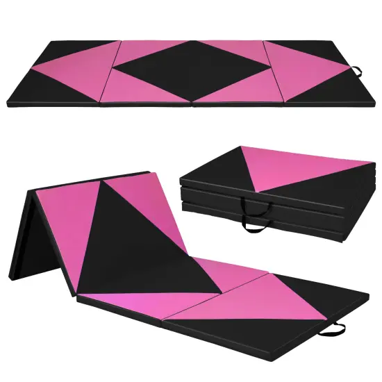 4-Panel PU Leather Folding Exercise Gym Mat with Carrying Handles and Removable Zippered Cover Black & Pink {8}
