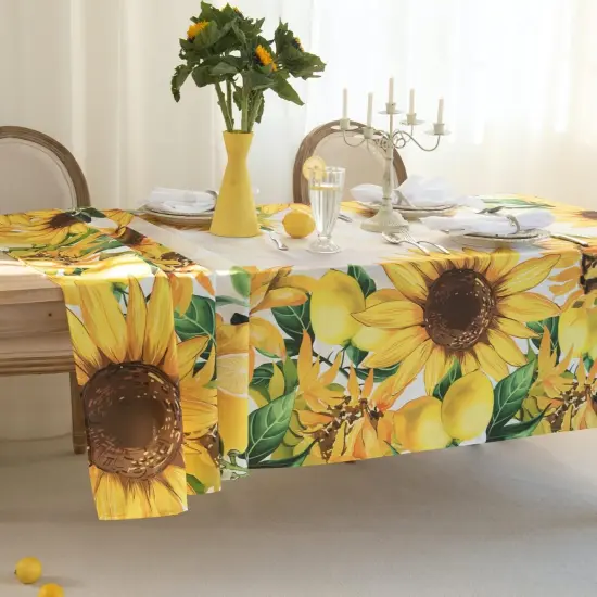 Summer Sunflower and Lemonade Watercolor Style Tablecloths 60*120, Sunflowers Table Cloth Floral Table Cover, Water Resistant Morocco Lemon and Sun Flowers Oblong Tablecloth - Summer Flower Table Settings {5}