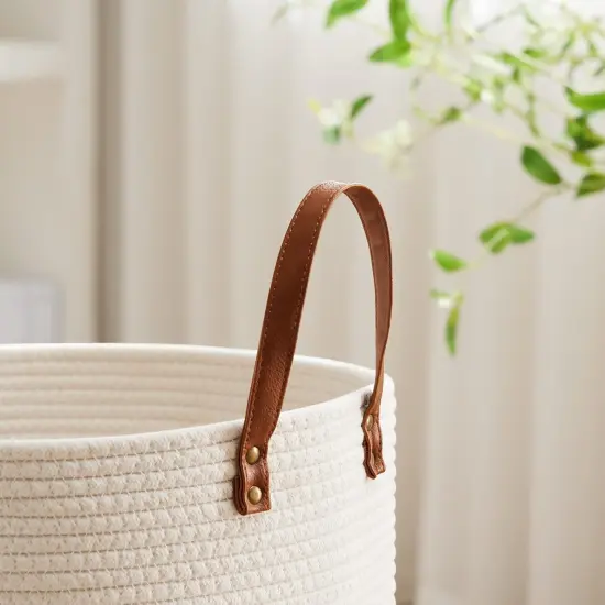 Tall Laundry Basket, Large Dirty Clothes Hamper with Leather Handle, Woven Rope Storage Basket for Blanket, Toy In Living Room, Bathroom, Bedroom {3}