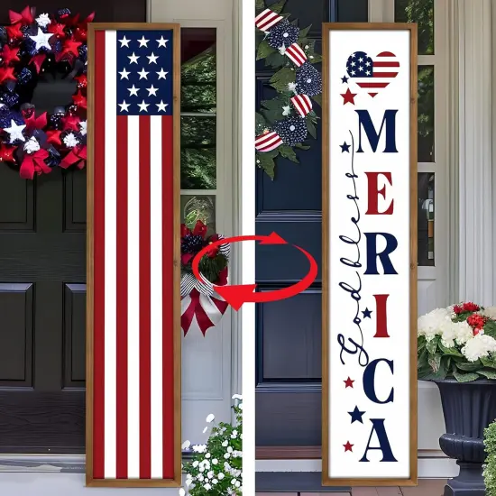 47.2 Inch Two Sided 4th of July Porch Sign, Wooden Patriotic Independence Day Welcome Front Door Decor, Americana Tall Large Vertical Standing Board Red White Blue Outdoor Home Decorations {1}