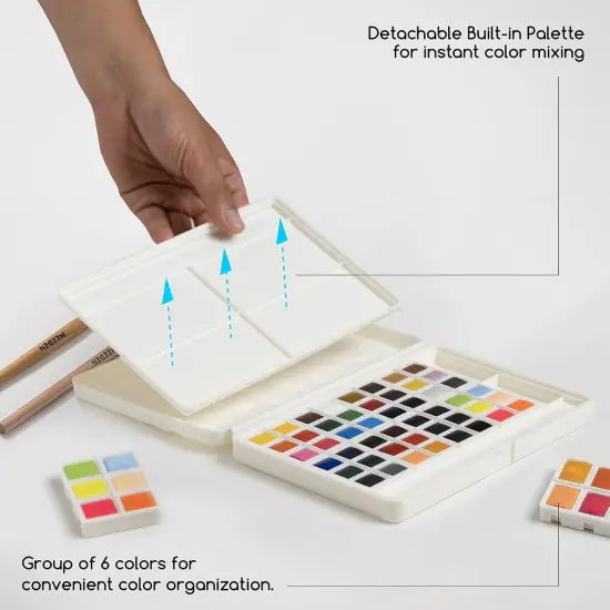 Watercolor Paint Set 48 Colors in Portable Box, Paint Kit with Brush, Palette, Art Supplies, Customizable Color Blocks, Bright Watercolors Travel Set for Adult Teens Beginner Amateur Artists {5}