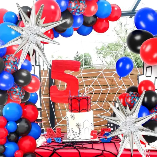 Red Blue Black Balloon Set, Spider Themed Balloons with Silver Boom Star, 12 Inch Latex Balloon with Red Blue Confetti Balloons for Boys Birthday Party Decoration {3}
