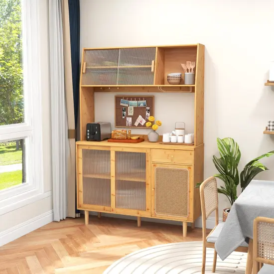 69 Inch Wine Bar Kitchen Cabinet with Sliding Tempered Glass and Rattan Door-Natural {2}