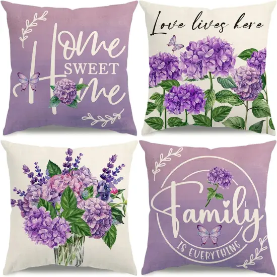Spring Pillow Covers 18x18 Purple Spring Summer Farmhouse Decorations Hydrangea Vases Butterfly Throw Pillow Covers Home Sweet Home Cushion Case for Sofa Couch Set of 4 {1}