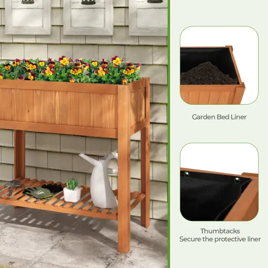 Reddish Brown Fir Wood Raised Garden Bed with Planter Box and Bottom Shelf {6}