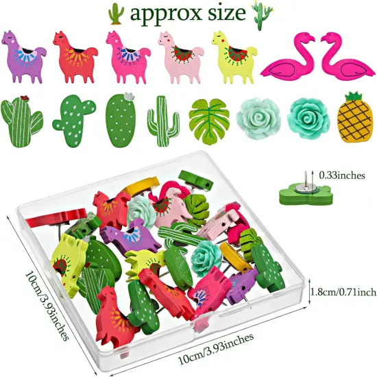 30 Pieces Decorative Push Pins Set Tropical Wooden Push Pins Thumbtacks Cute Cactus Llama Flamingo Alpaca Leaf Thumb Tacks for Cork Board Photos Wall Home Office School Supplies, 15 Styles {2}