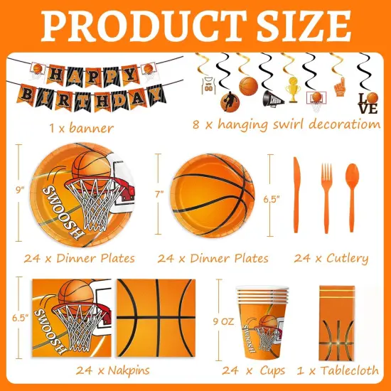 178 Pcs Basketball Theme Birthday Party Decorations Basketball Party Supplies Set Include Plates, Napkin, Cup, Fork, Knives, Spoon, Tablecloth, Banner for Kids and Adults, Serves 24 Guests {2}
