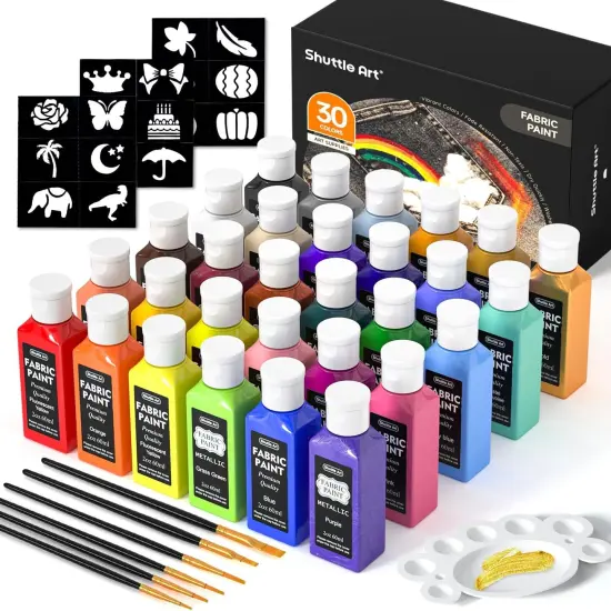 Fabric Paint, Shuttle Art 30 Colors Permanent Soft Fabric Paint in Bottles (60ml/2oz) with Brushes, Palette, Stencils, Non-Toxic Textile Paint for T-shirts, Shoes, Jeans, Bags, DIY Projects&Art Crafts {1}